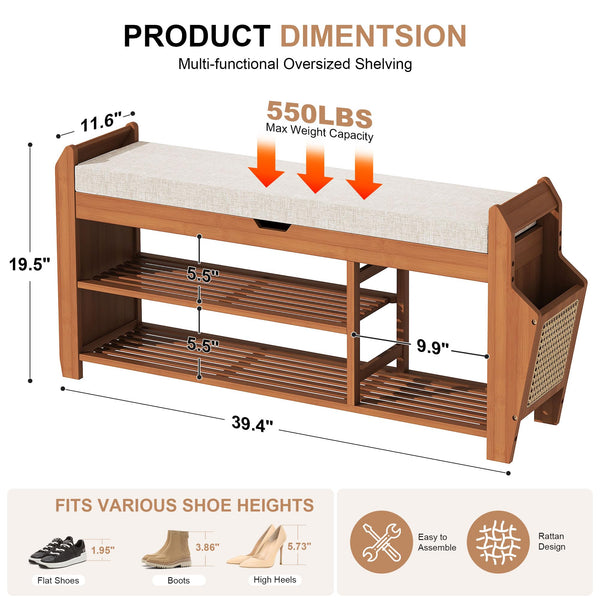 Bamboo Shoe Rack Bench with Cushion & Flip-Top Storage