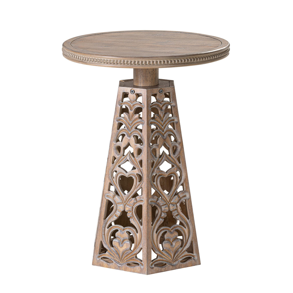Round Carved Floral End Table – Rustic Farmhouse Accent Table