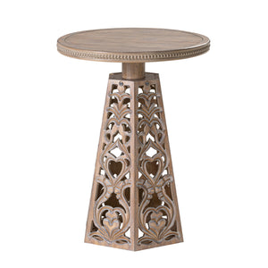 Round Carved Floral End Table – Rustic Farmhouse Accent Table