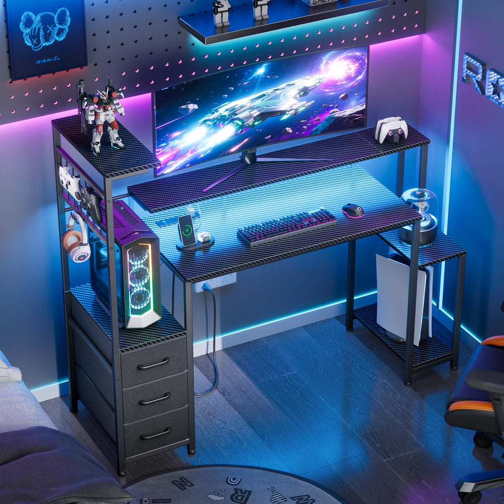 Gaming Desk with LED Lights, Power Outlets & Storage Drawers