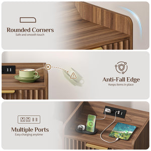 Nightstand Set of 2 with Charging Station, Drawer & RGB LED – Walnut