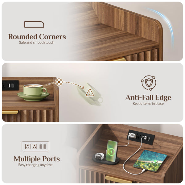 Nightstand Set of 2 with Charging Station, Drawer & RGB LED – Walnut