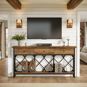 70.86" Industrial Console Table with 3 Drawers & Open Shelf