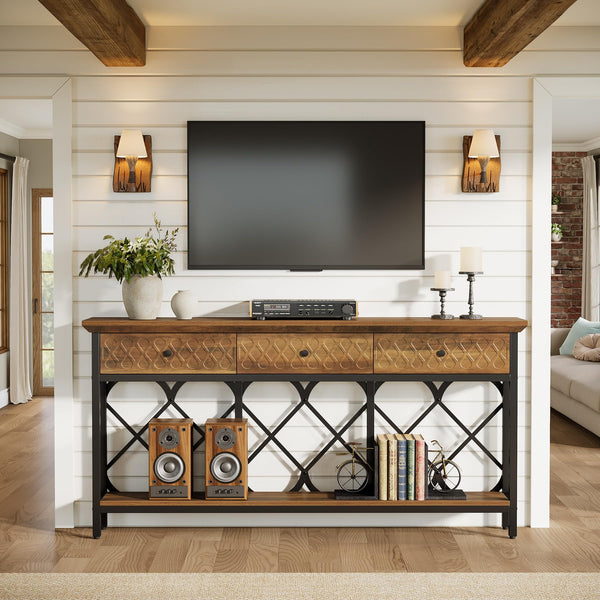 70.86" Industrial Console Table with 3 Drawers & Open Shelf