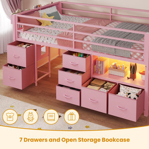 Low Loft Bed Twin Size with Storage Drawers, Bookcase and LED Lights