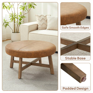 Round Upholstered Ottoman Coffee Table – Mid Century Modern, Leather Top