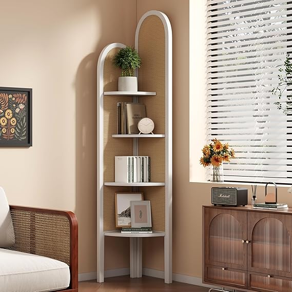 4-Tier Corner Shelf Stand with Rattan Weave