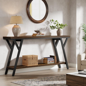 70.9" Narrow Industrial Console Table with 2-Tier Shelf