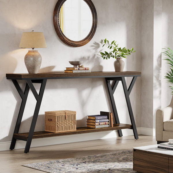 70.9" Narrow Industrial Console Table with 2-Tier Shelf