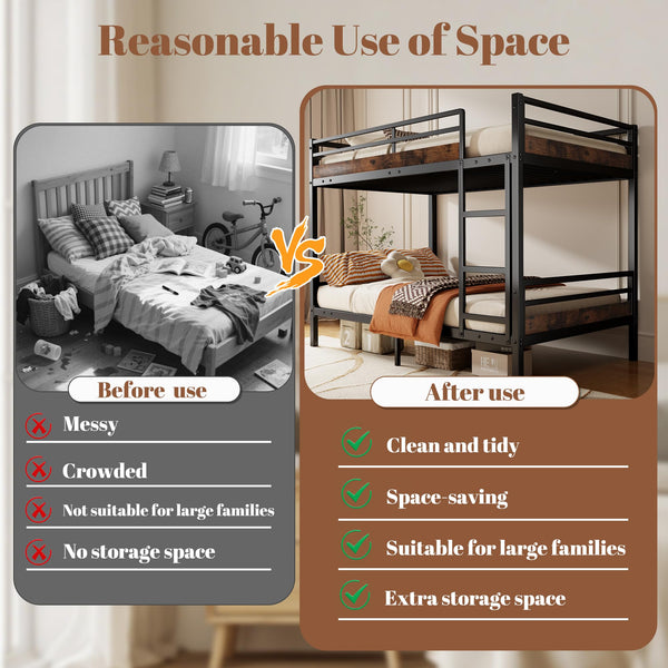 Twin Over Twin Metal Bunk Bed with Guard Rails