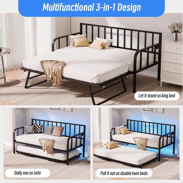 Twin to King Pop-Up Trundle Daybed with LED Lights & Charging Station