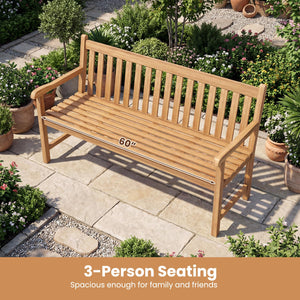 Solid Teak Wood Outdoor Bench with Armrests & Backrest, 3-Seat