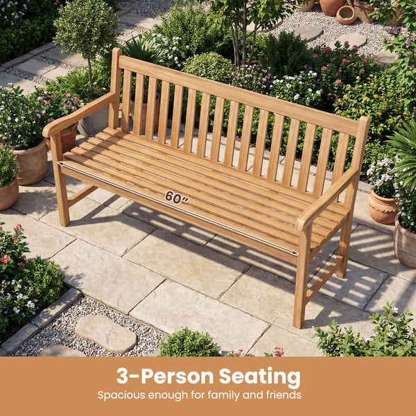 Solid Teak Wood Outdoor Bench with Armrests & Backrest, 3-Seat