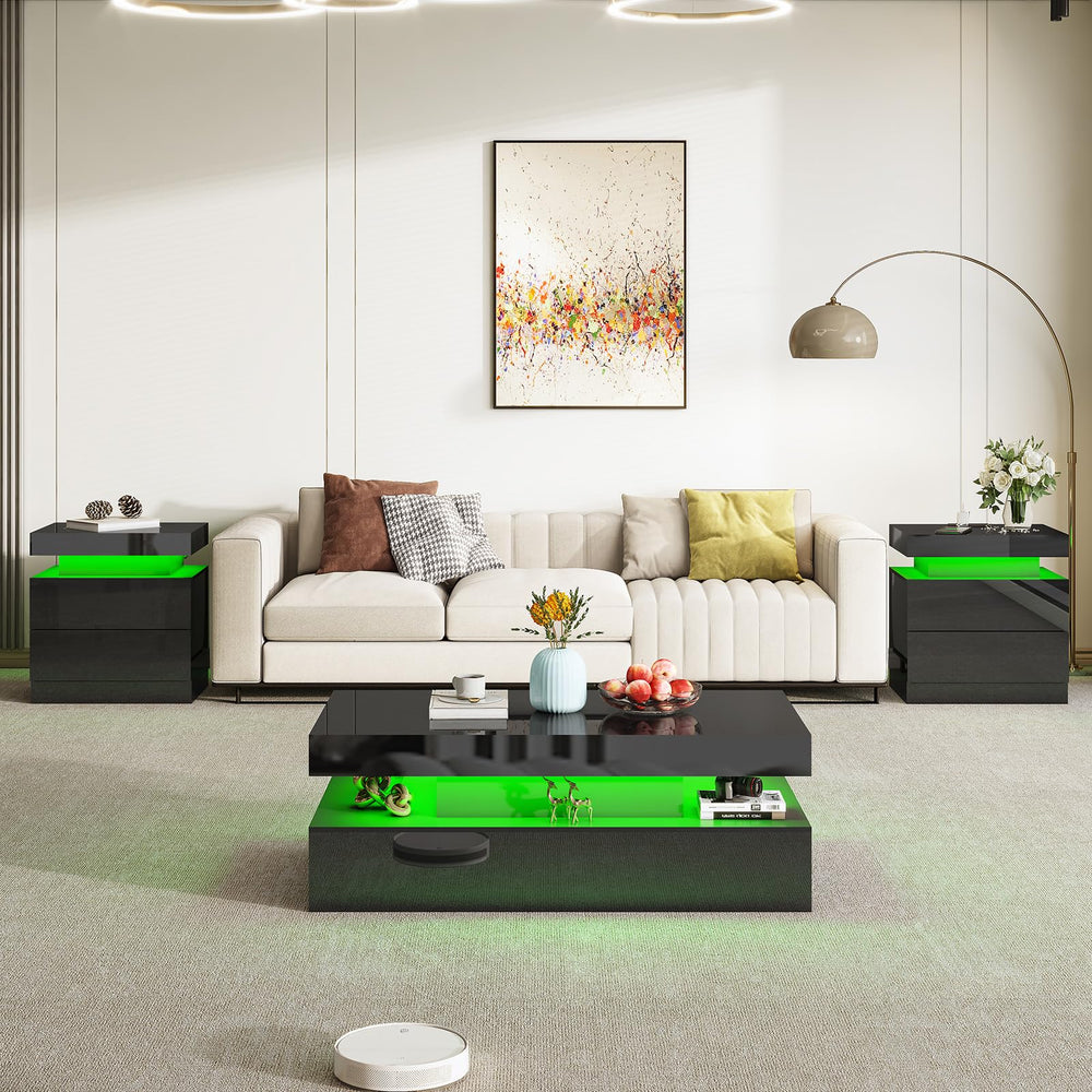 3-Piece LED Coffee Table Set with End Tables & Charging Station