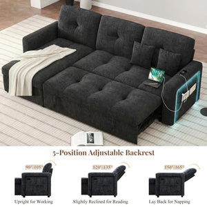 HIFIT 81" LED Sectional Sleeper Sofa with Pull Out Couch Bed, Convertible L Shaped Couch with Storage & USB & Adjustable Backrest & 2 Pillows, Chenille Sectional Couch for Living Room Bedroom, Black