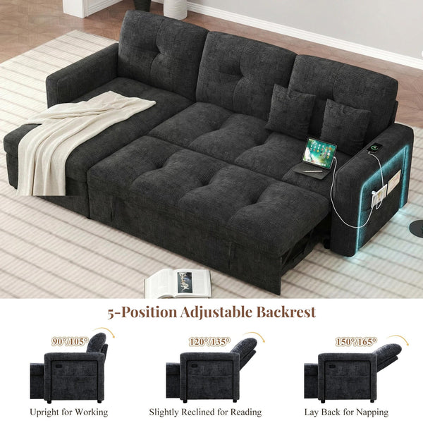 HIFIT 81" LED Sectional Sleeper Sofa with Pull Out Couch Bed, Convertible L Shaped Couch with Storage & USB & Adjustable Backrest & 2 Pillows, Chenille Sectional Couch for Living Room Bedroom, Black