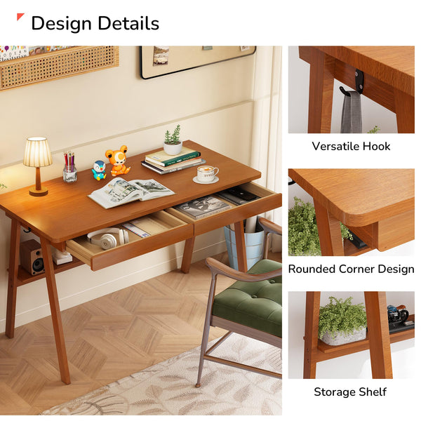 47" Mid-Century Modern Writing Desk with 2 Drawers & Storage Shelf