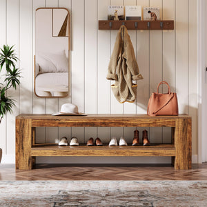 59" Entryway Bench with Storage Shelf, Rustic Brown