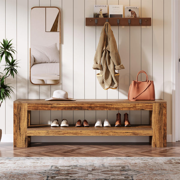 59" Entryway Bench with Storage Shelf, Rustic Brown