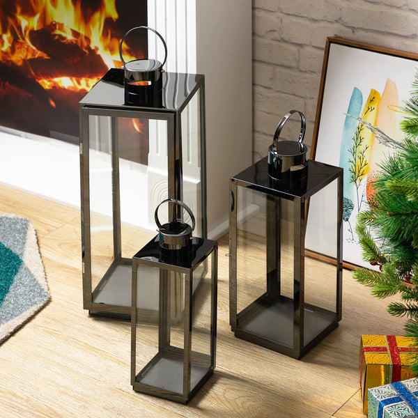 Black Glass & Stainless Steel Candle Lantern Set of 3