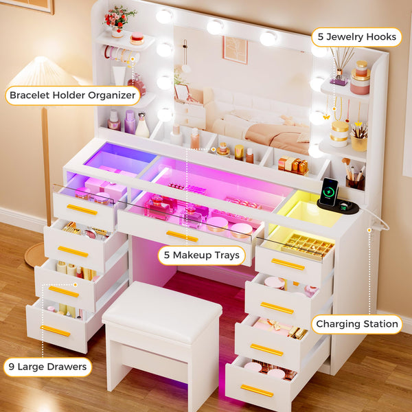 Large White Vanity Desk with Mirror, RGB Lights & 9 Drawers