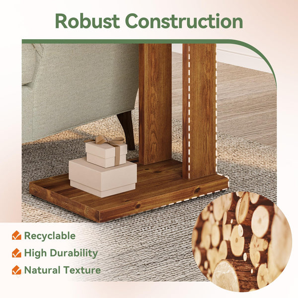 Solid Wood C-Shaped End Table with 2-Tier Storage