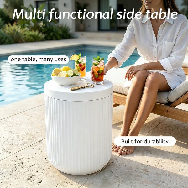 Outdoor Cooler Side Table with Lid — Double-Walled Ice Bucket, All-Weather Patio