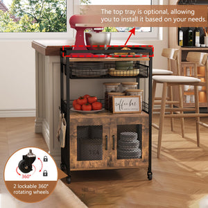 3-Tier Coffee Bar Cabinet with Wheels & Wire Basket Drawer