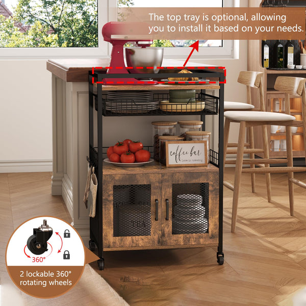 3-Tier Coffee Bar Cabinet with Wheels & Wire Basket Drawer