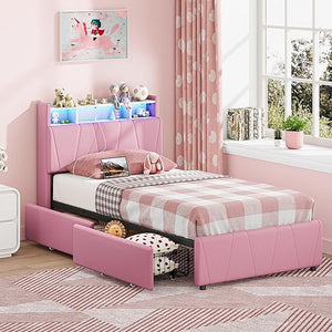Twin Bed Frame with Storage Drawers, Charging Station & LED Lights