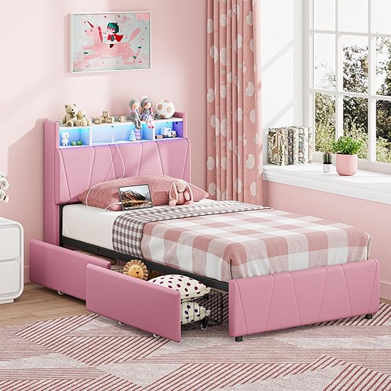 Twin Bed Frame with Storage Drawers, Charging Station & LED Lights