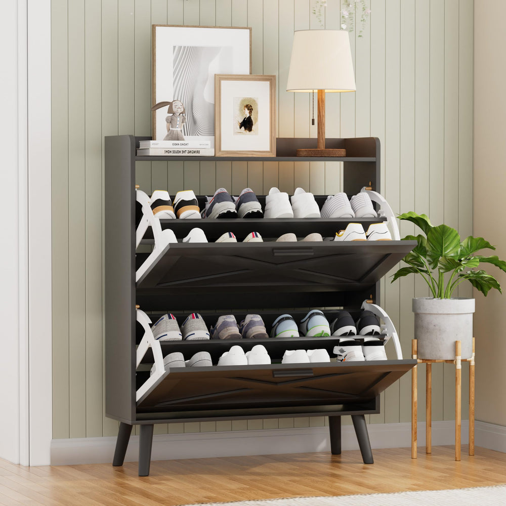 Farmhouse Shoe Storage Cabinet with 2 Flip Drawers – Slim Entryway Shoe Rack
