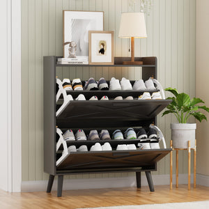 Farmhouse Shoe Storage Cabinet with 2 Flip Drawers – Slim Entryway Shoe Rack