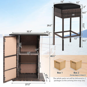 5-Piece Outdoor Wicker Bar Set with 4 Stools & Hidden Storage