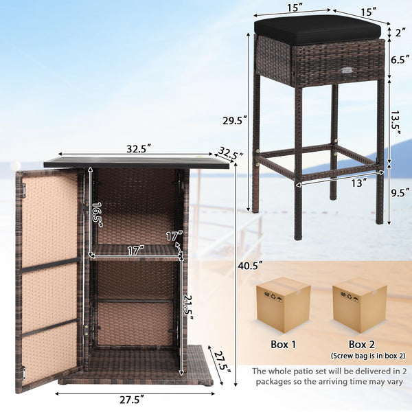 5-Piece Outdoor Wicker Bar Set with 4 Stools & Hidden Storage