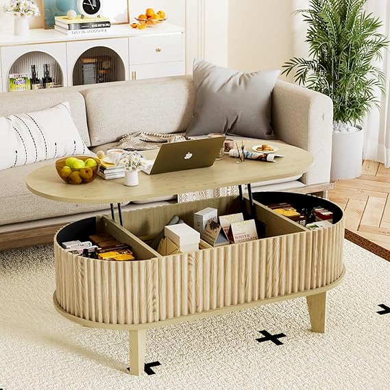 Oval Lift-Top Coffee Table with Fluted Wood & Hidden Storage