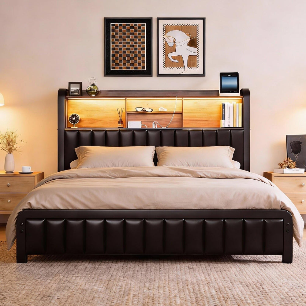 Queen & Full Platform Bed Frame with LED Lights, Storage Headboard & Charging Station