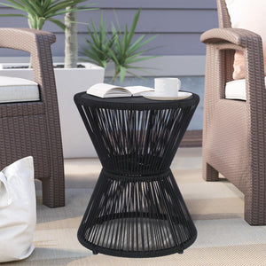 Woven Rope Outdoor Side Table with Tempered Glass Top