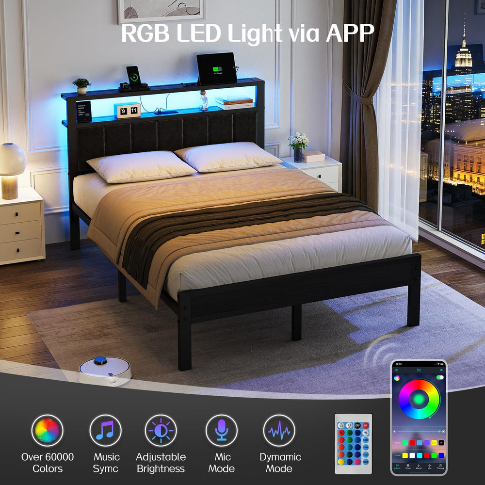 LED Platform Bed Frame with Storage Headboard & Charging Station