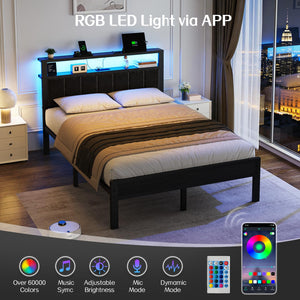 LED Platform Bed Frame with Storage Headboard & Charging Station