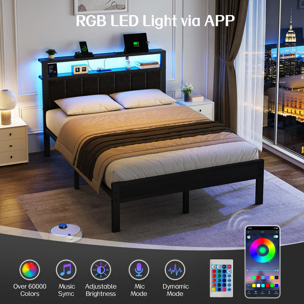 LED Platform Bed Frame with Storage Headboard & Charging Station