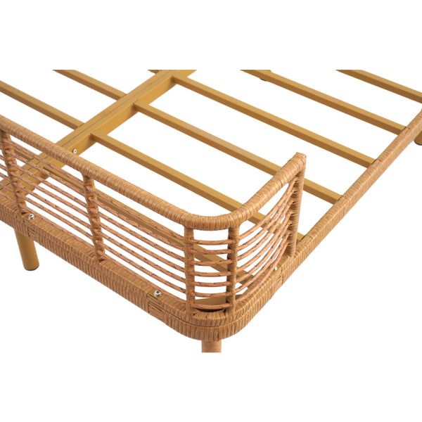 Boho Rattan Platform Bed Frame with Wingback Headboard