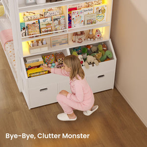 Twin Over Twin Low Bunk Bed with Storage Drawers, Bookshelf and RGB Lights