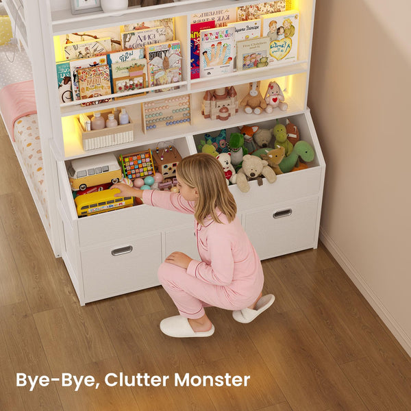 Twin Over Twin Low Bunk Bed with Storage Drawers, Bookshelf and RGB Lights