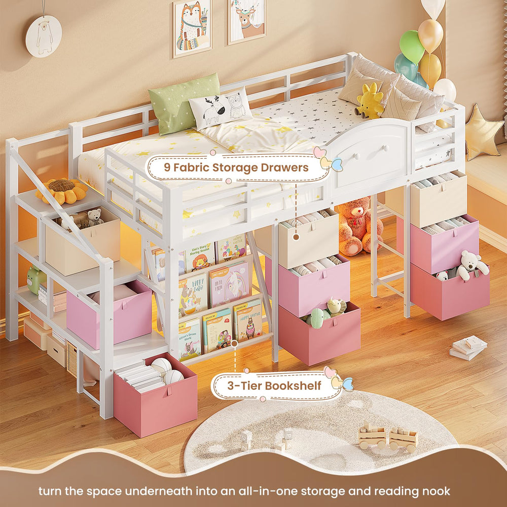 Twin Low Loft Bed with Storage Drawers, Bookcase & LED Lights