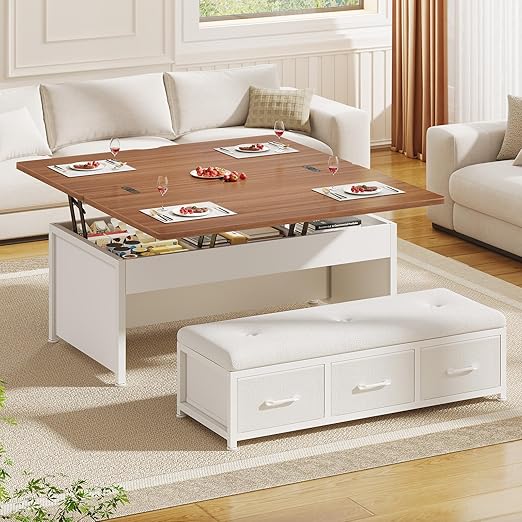 Lift Top Coffee Table Set with Storage & Ottoman Bench, 43"