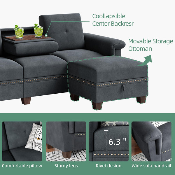 Modular L-Shaped Sectional Sofa with Storage Ottoman – Dark Gray
