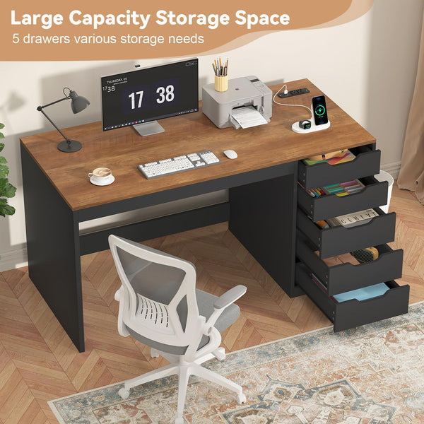 47-Inch Computer Desk with 5 Drawers & Power Outlets