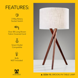 Walnut Tripod Table Lamp with White Linen Shade