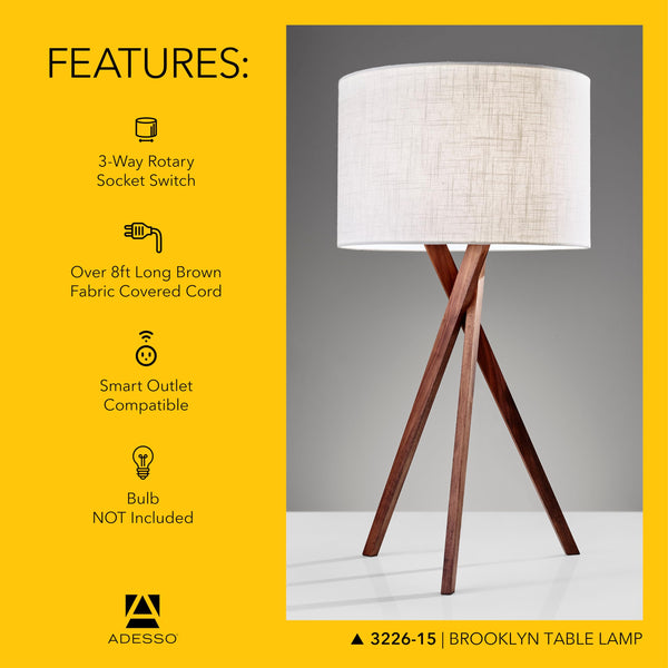 Walnut Tripod Table Lamp with White Linen Shade